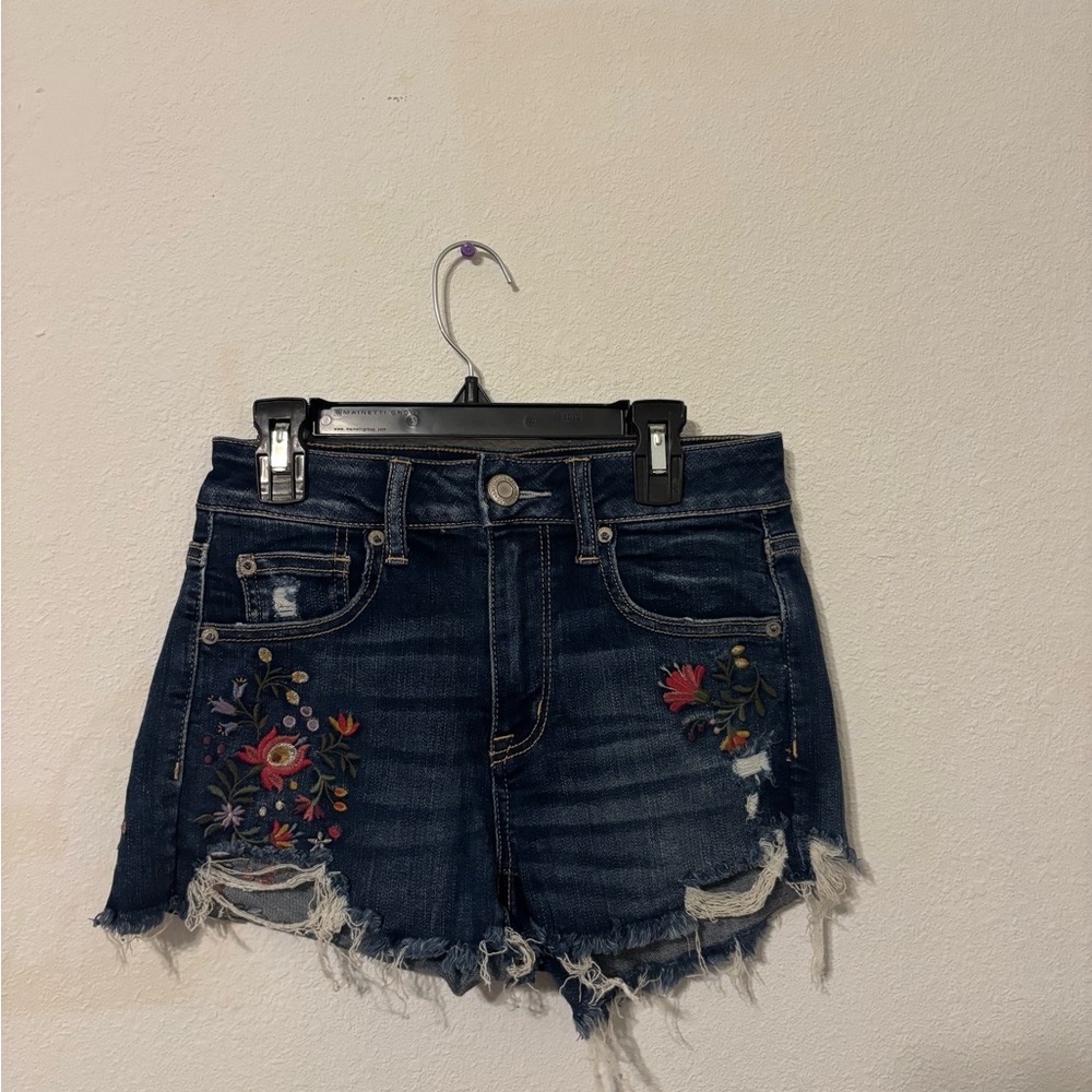 American eagle Dark Blue Embroidered Denim Shorts - Women's